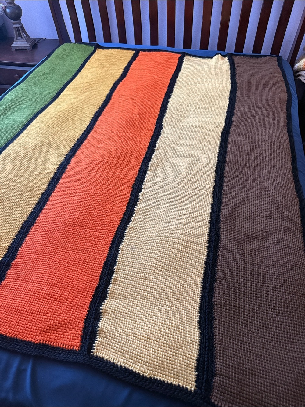Vintage Multicolored Striped Crochet Wool Throw Blanket